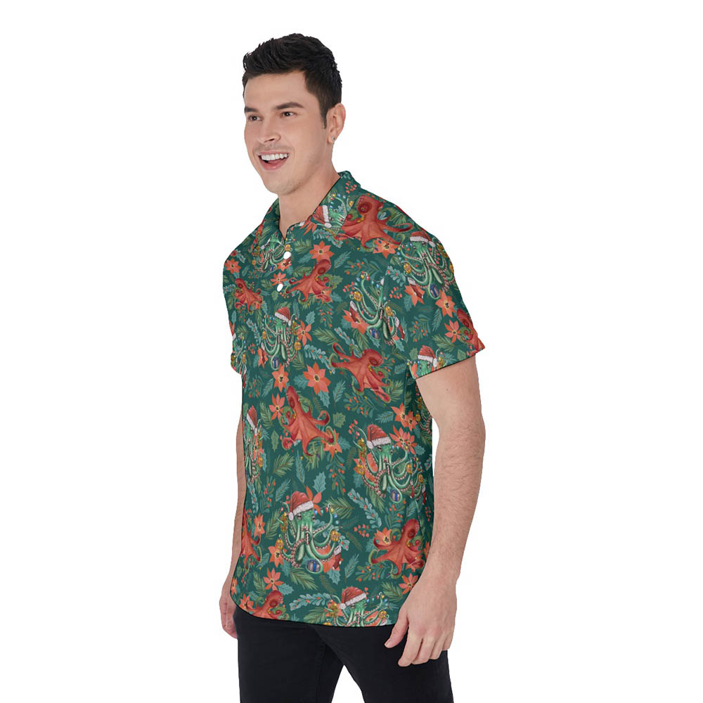 Funny Christmas Octopus Floral Green Hawaiian Polo Shirt For Men