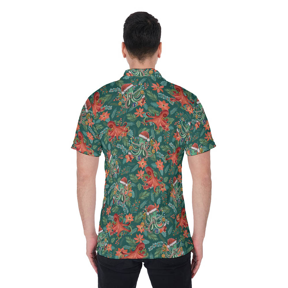 Funny Christmas Octopus Floral Green Hawaiian Polo Shirt For Men