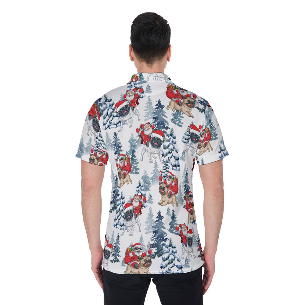 Funny Christmas Santa Riding Pug Dog Hawaiian Polo Shirt