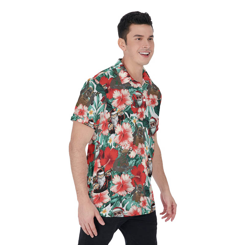 Cool Tactical Reindeer Christmas Santa Floral Hawaiian Polo Shirt