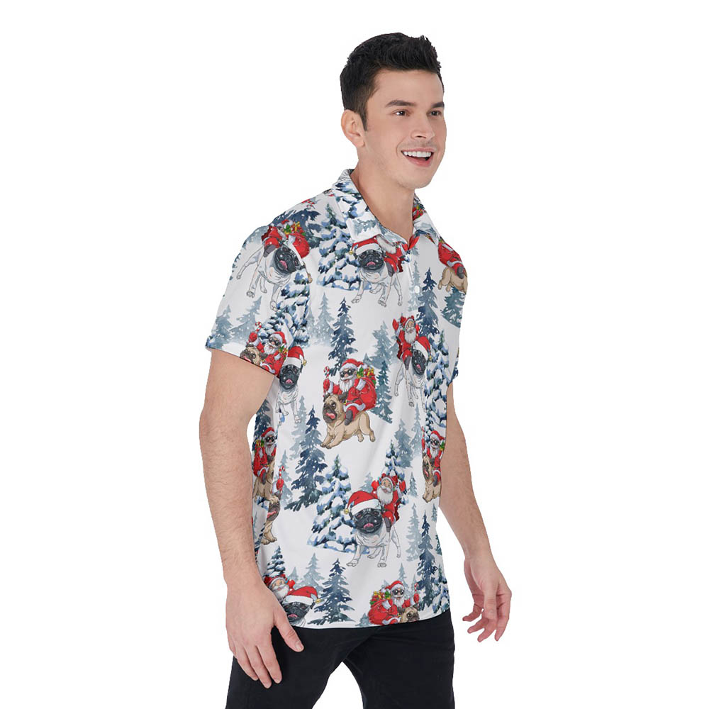 Funny Christmas Santa Riding Pug Dog Hawaiian Polo Shirt