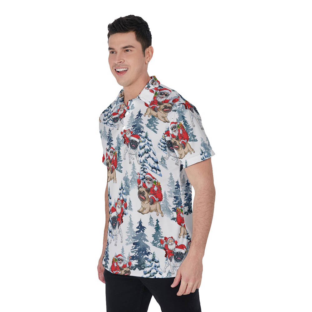Funny Christmas Santa Riding Pug Dog Hawaiian Polo Shirt