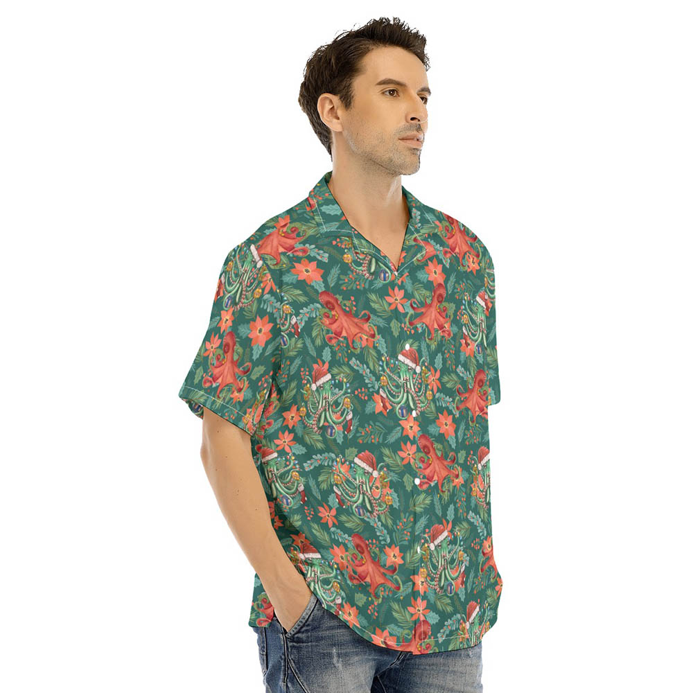 Funny Christmas Octopus Poinsettia Floral Hawaiian Shirt