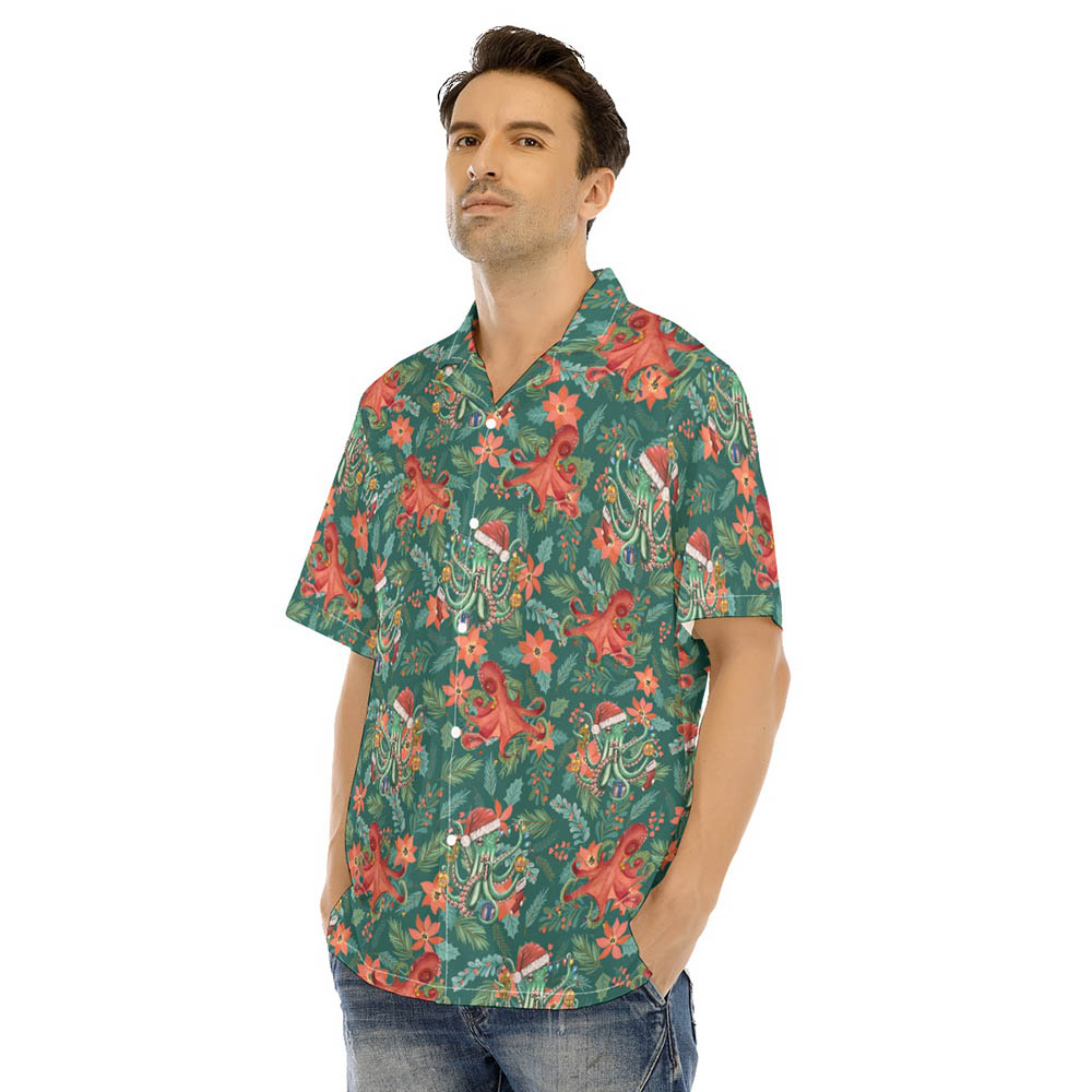Funny Christmas Octopus Poinsettia Floral Hawaiian Shirt