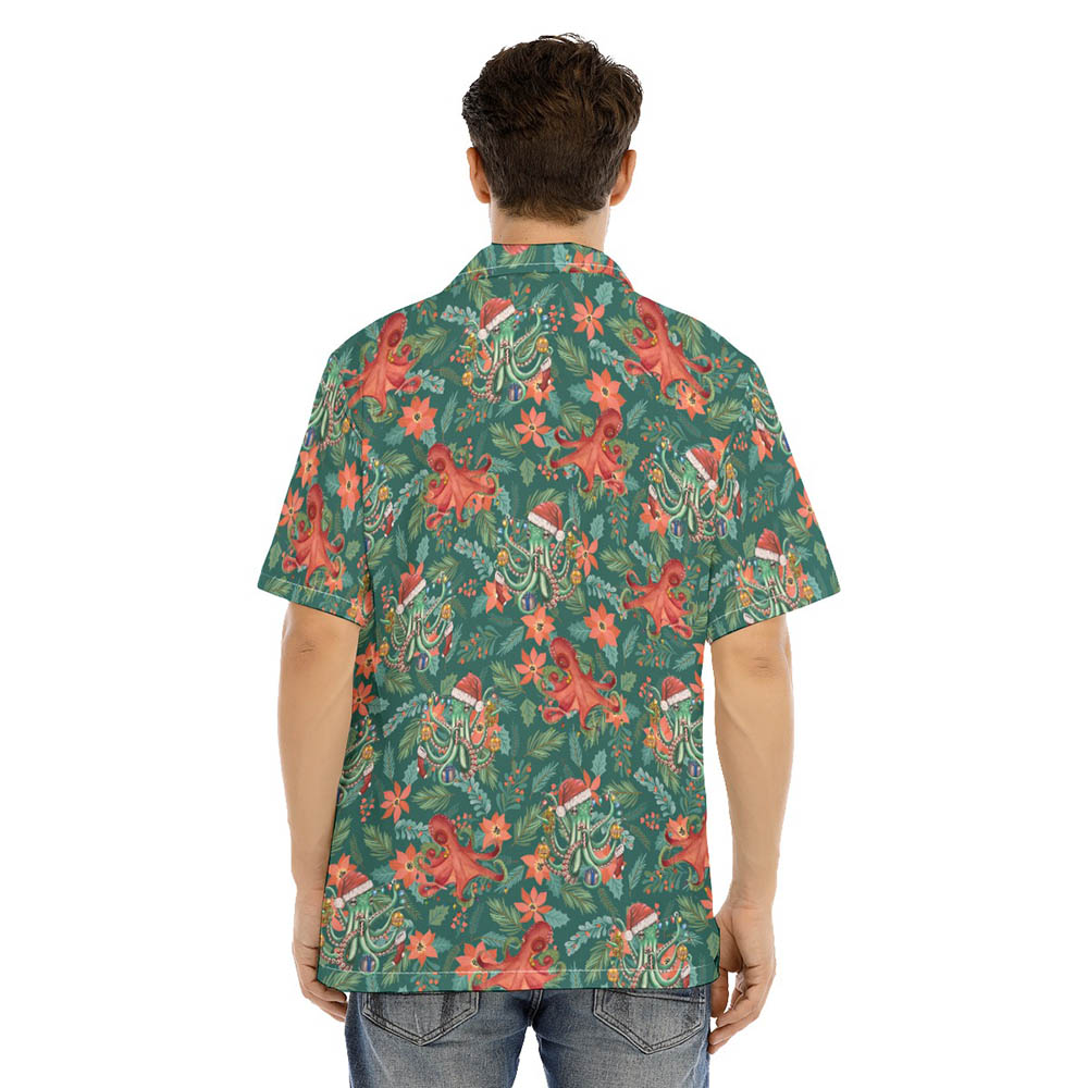 Funny Christmas Octopus Poinsettia Floral Hawaiian Shirt