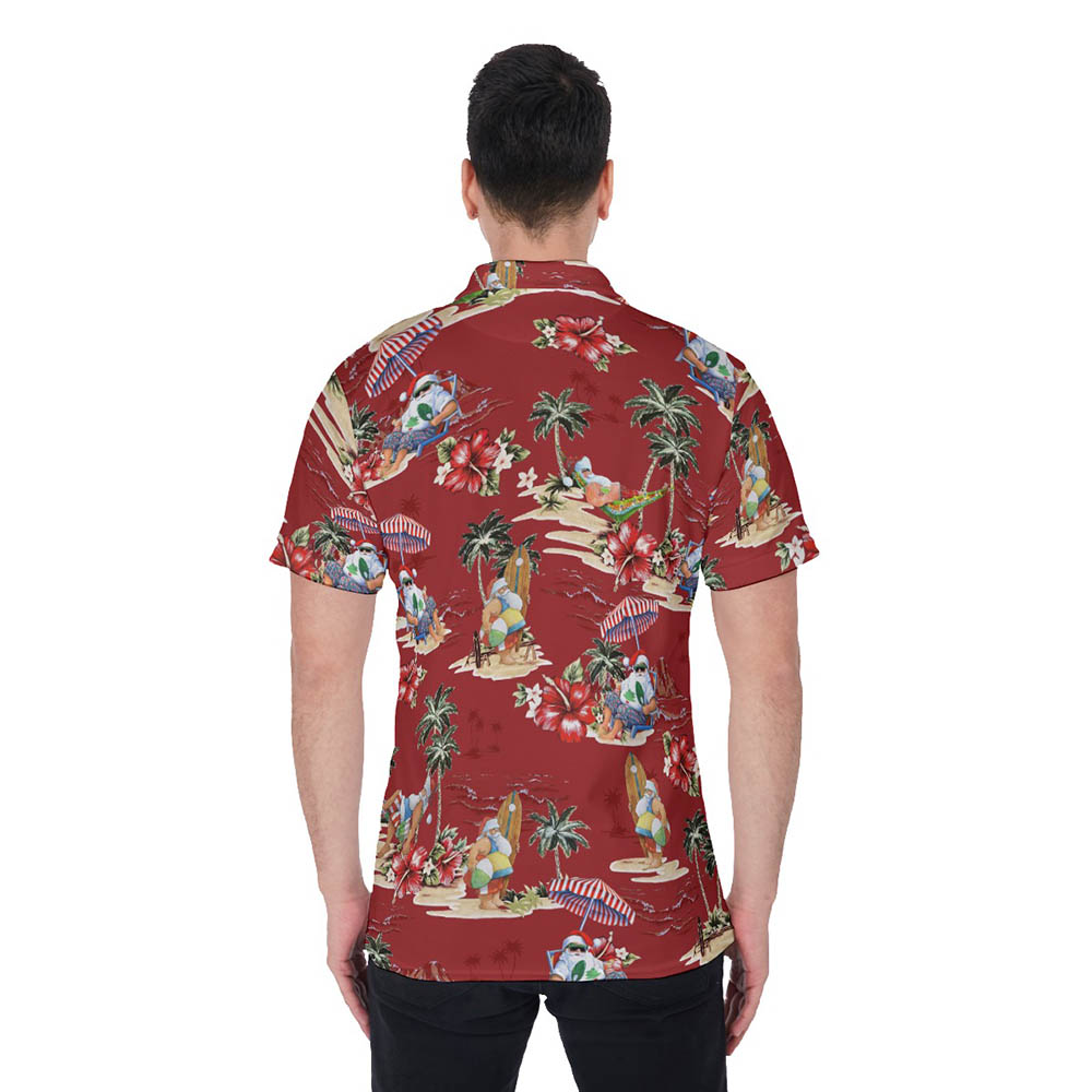 Christmas Santa On Beach Red Hawaiian Polo Shirt
