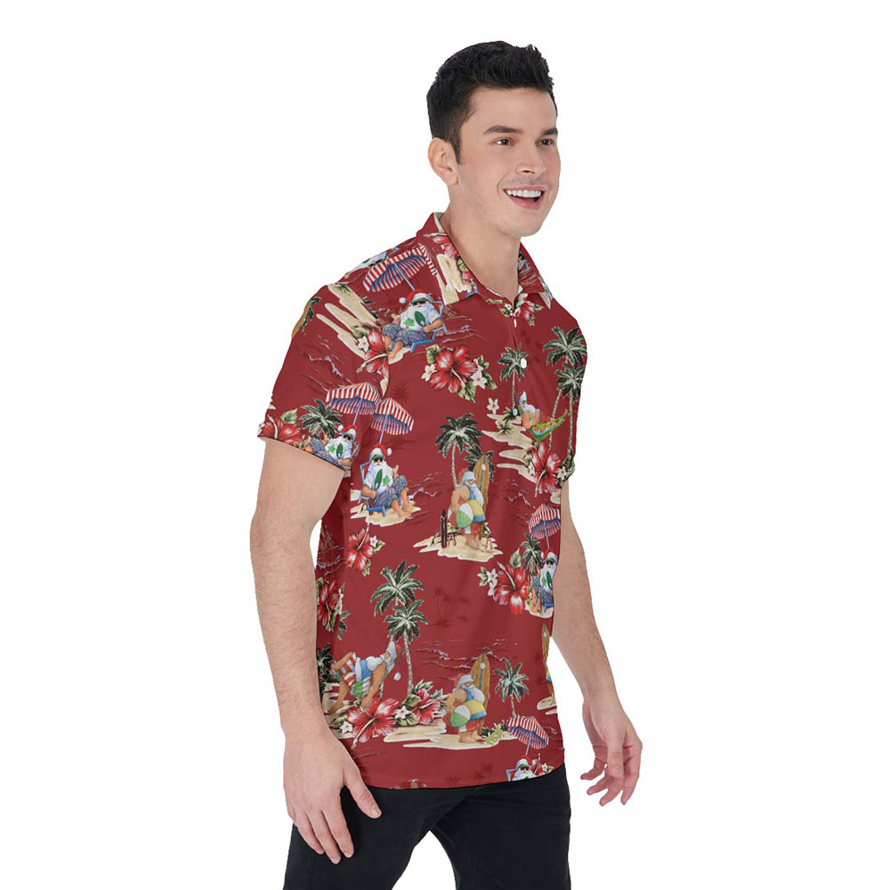 Christmas Santa On Beach Red Hawaiian Polo Shirt