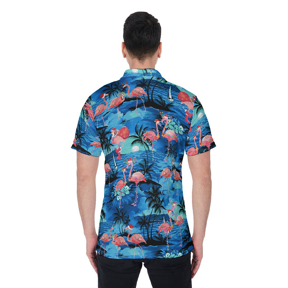 Tropical Blue Beach Christmas Flamingo Hawaiian Polo Shirt For Men