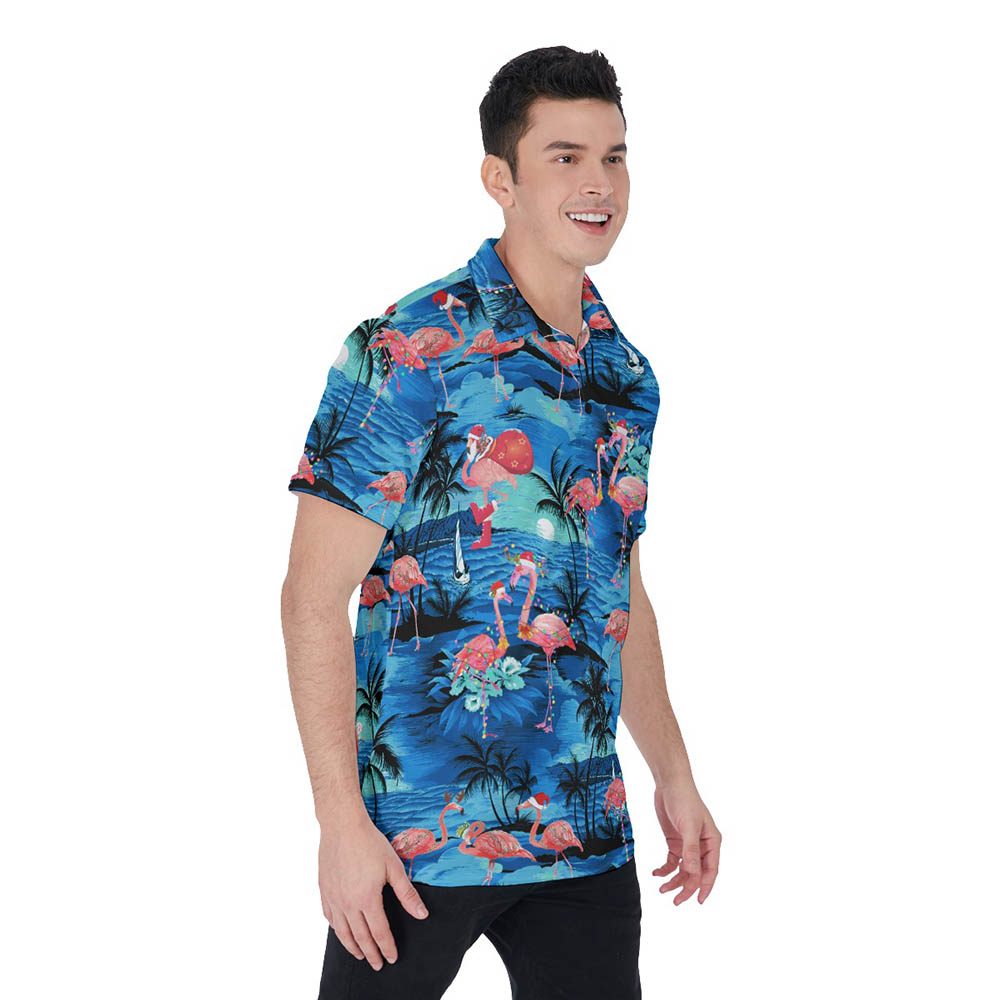 Tropical Blue Beach Christmas Flamingo Hawaiian Polo Shirt For Men