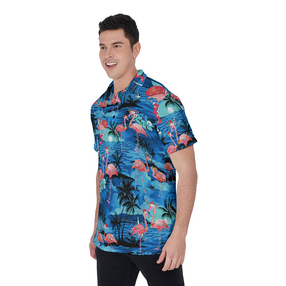 Tropical Blue Beach Christmas Flamingo Hawaiian Polo Shirt For Men
