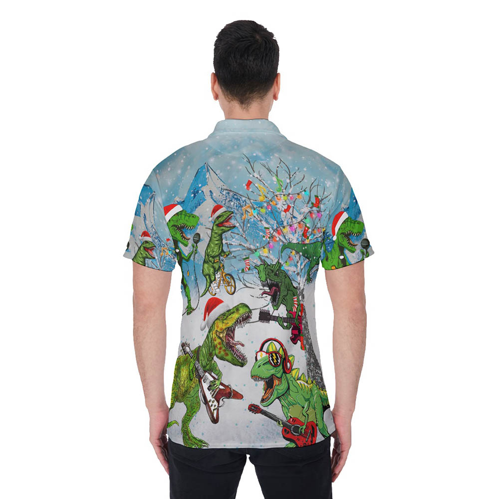 Funny Guitar Dinosaur Christmas Hawaiian Polo Shirt For Men
