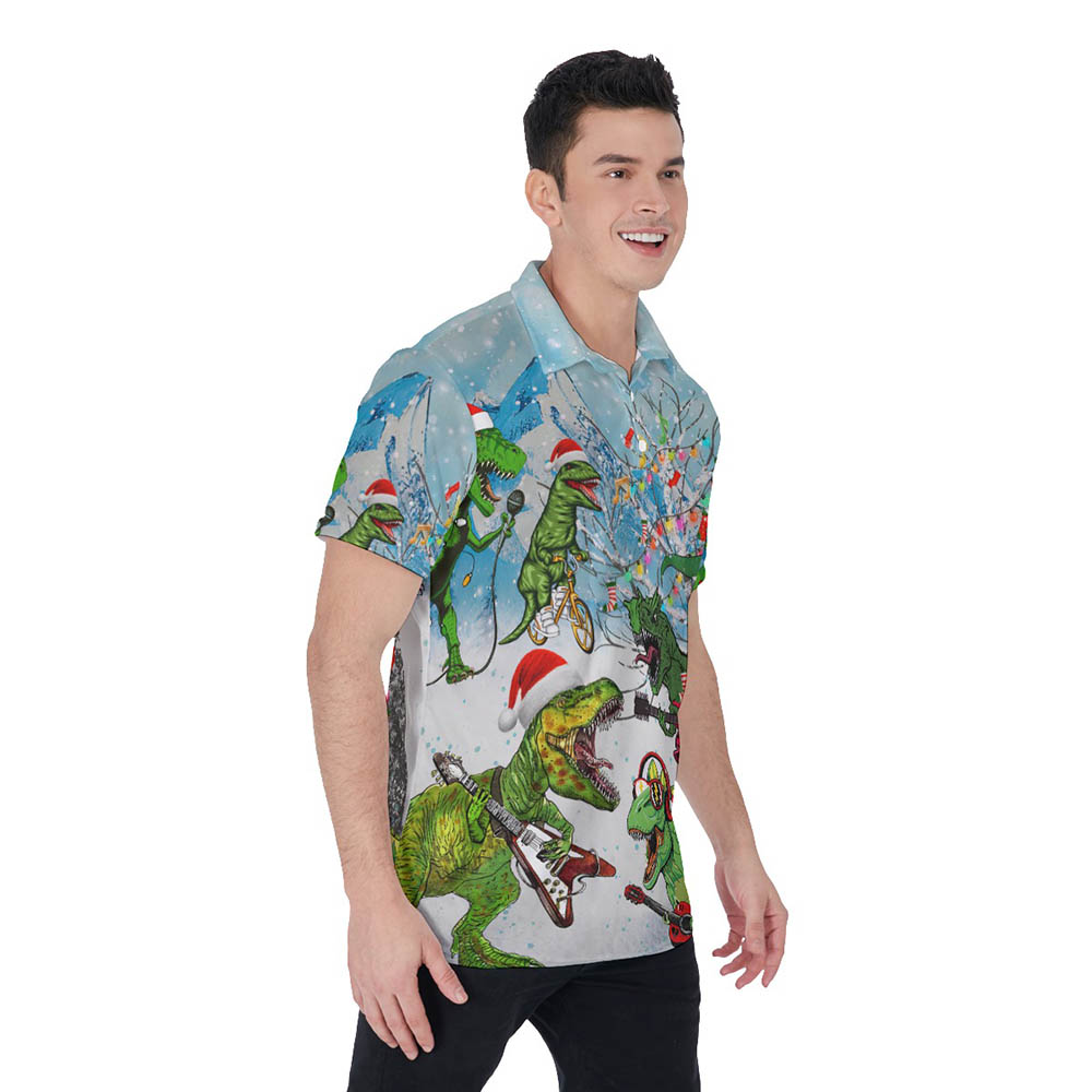 Funny Guitar Dinosaur Christmas Hawaiian Polo Shirt For Men