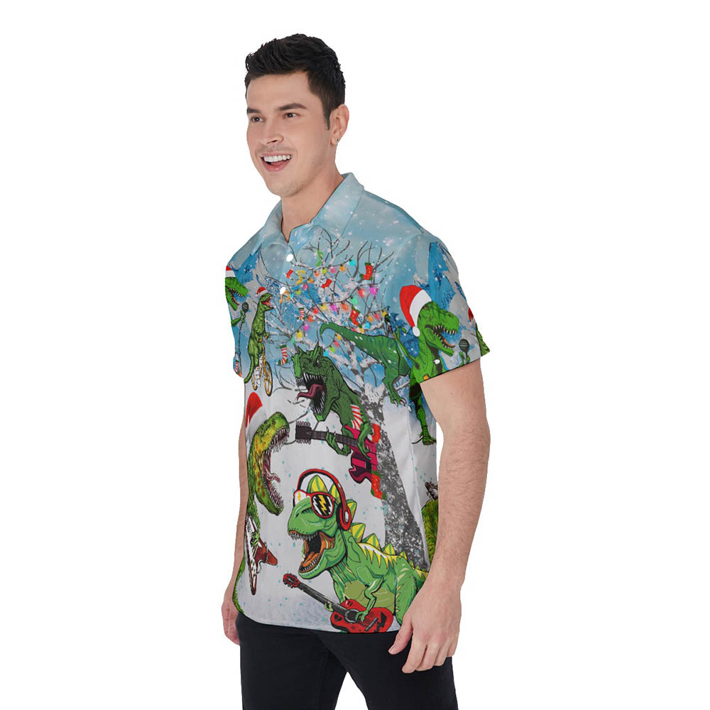 Funny Guitar Dinosaur Christmas Hawaiian Polo Shirt For Men