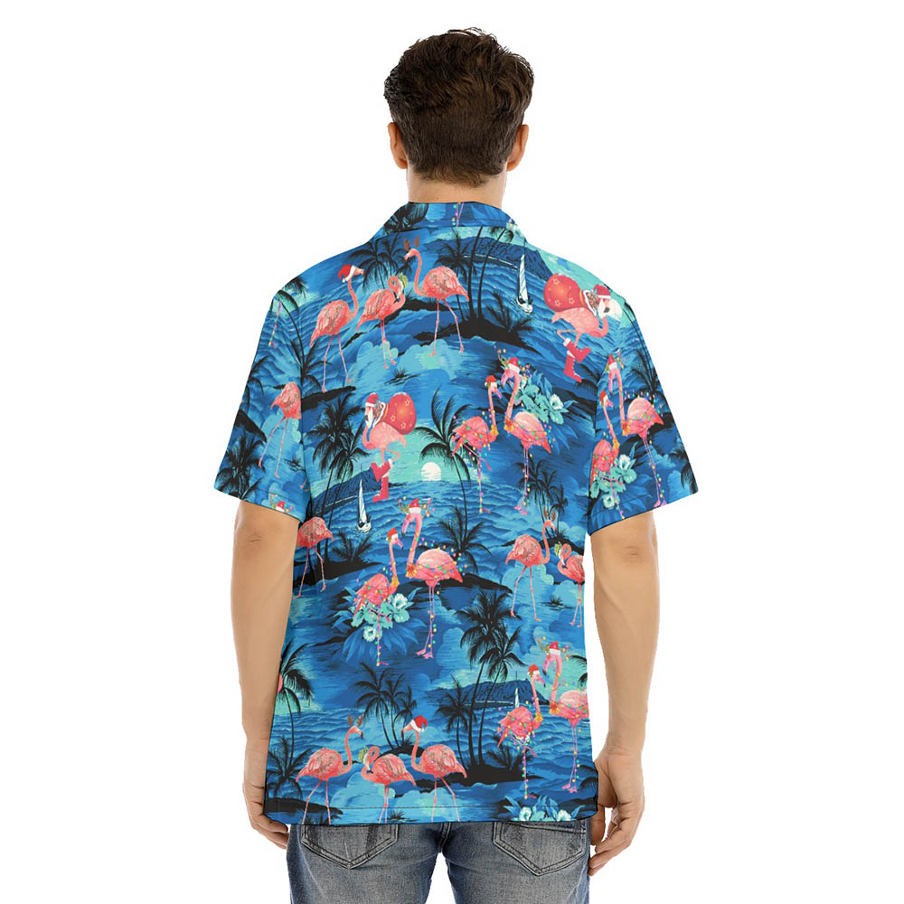 Christmas Flamingo Tropical Blue Beach Hawaiian Shirt