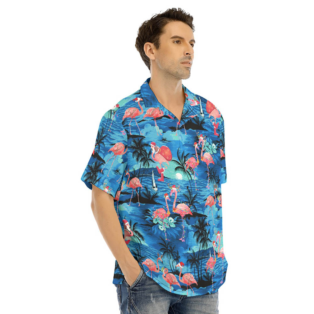 Christmas Flamingo Tropical Blue Beach Hawaiian Shirt