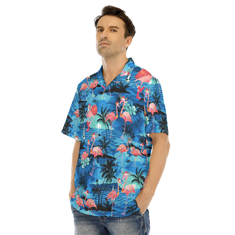 Christmas Flamingo Tropical Blue Beach Hawaiian Shirt