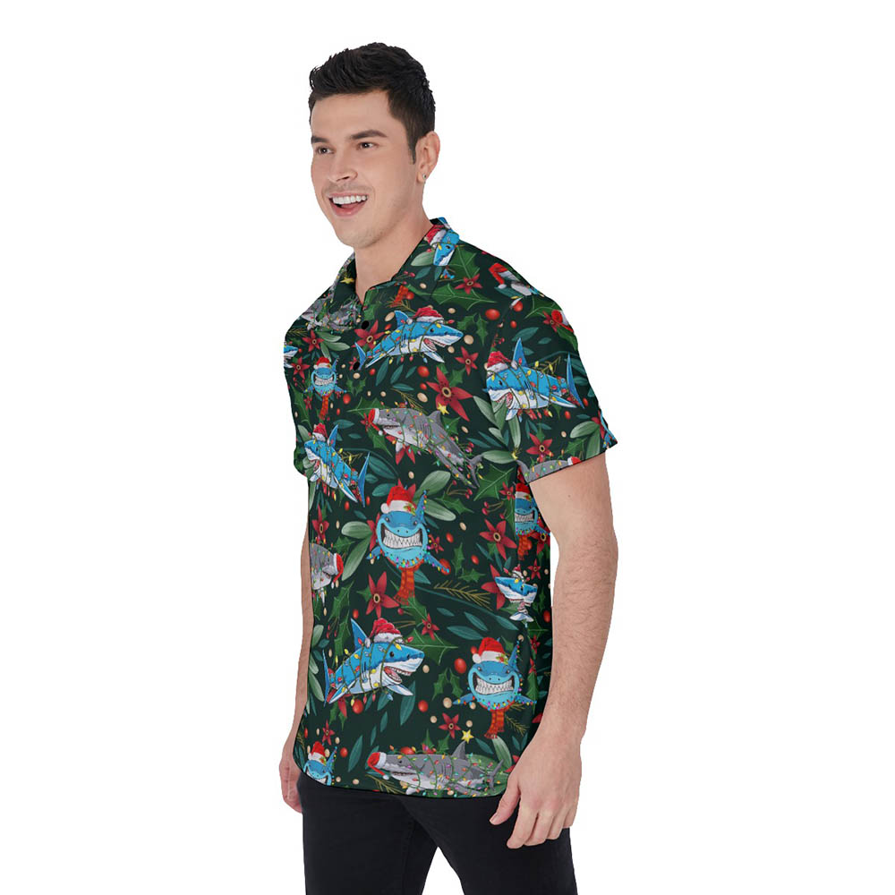 Funny Christmas Shark Floral Holly Hawaiian Polo Shirt For Men