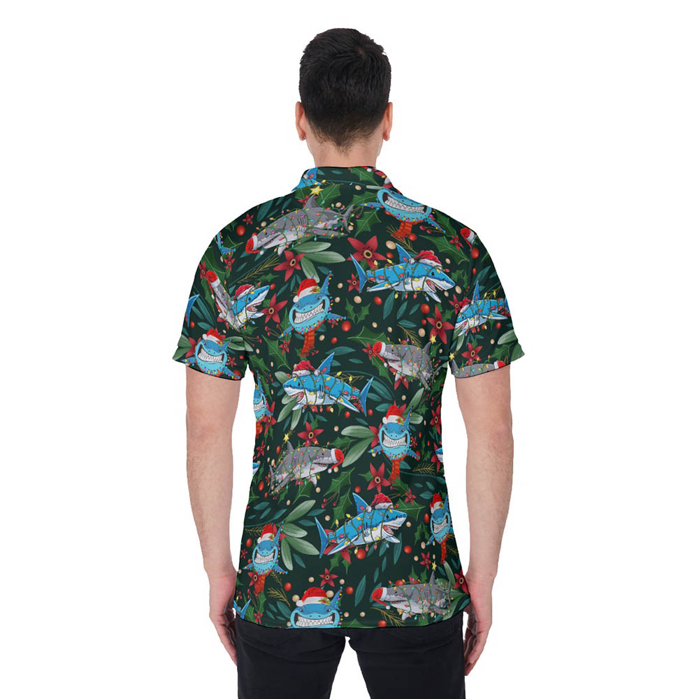 Funny Christmas Shark Floral Holly Hawaiian Polo Shirt For Men