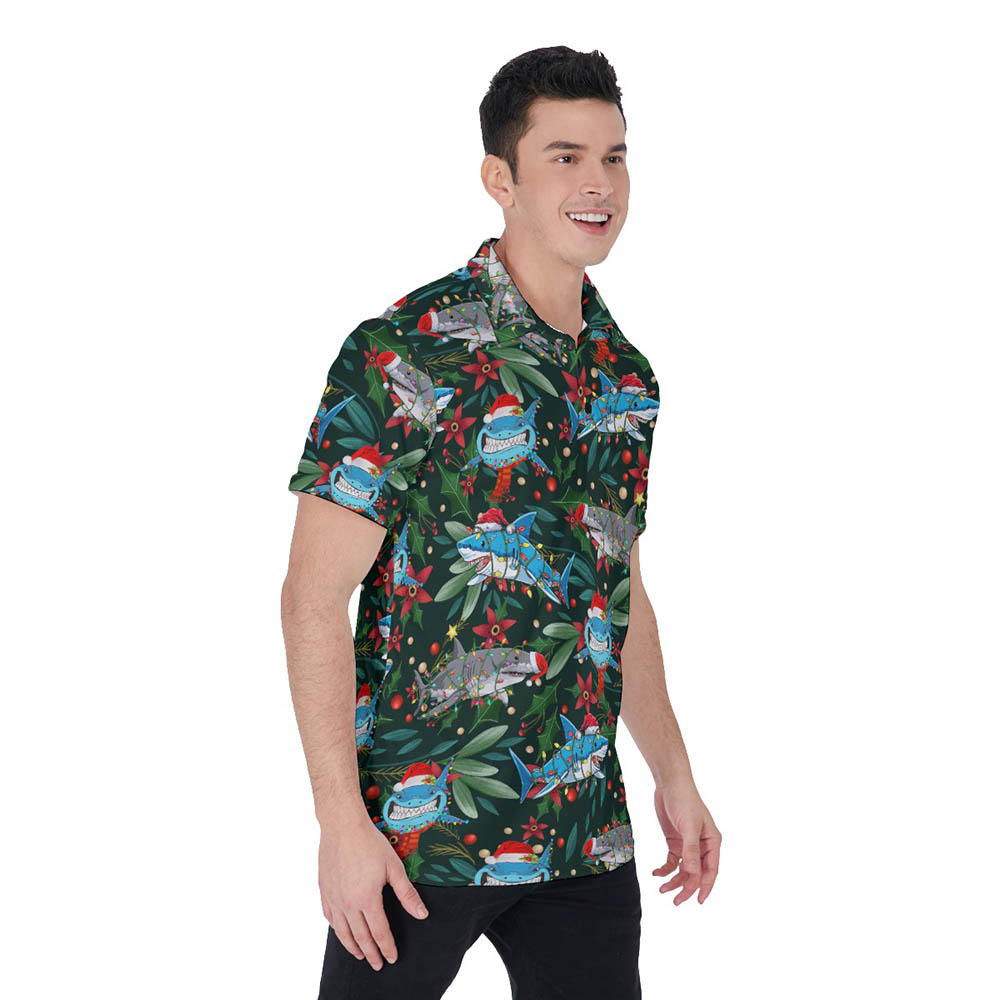 Funny Christmas Shark Floral Holly Hawaiian Polo Shirt For Men