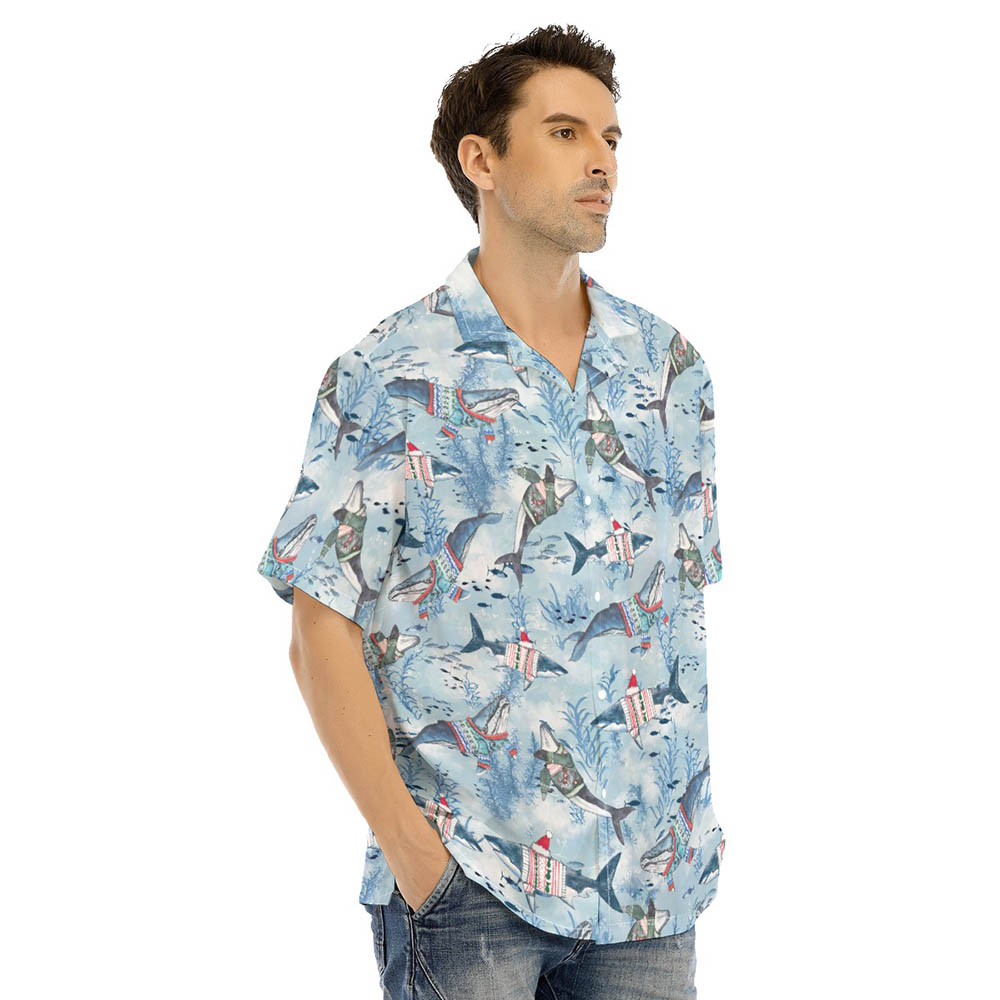 Christmas Whale Blue Hawaiian Shirt