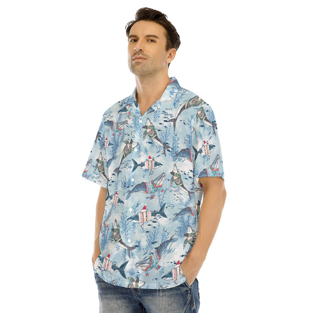 Christmas Whale Blue Hawaiian Shirt