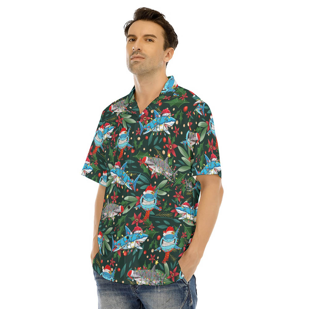 Christmas Shark Floral Green Hawaiian Shirt