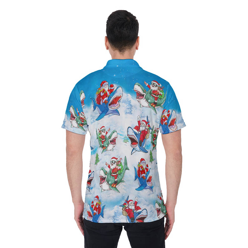 Funny Santa Riding Shark Christmas Hawaiian Polo Shirt
