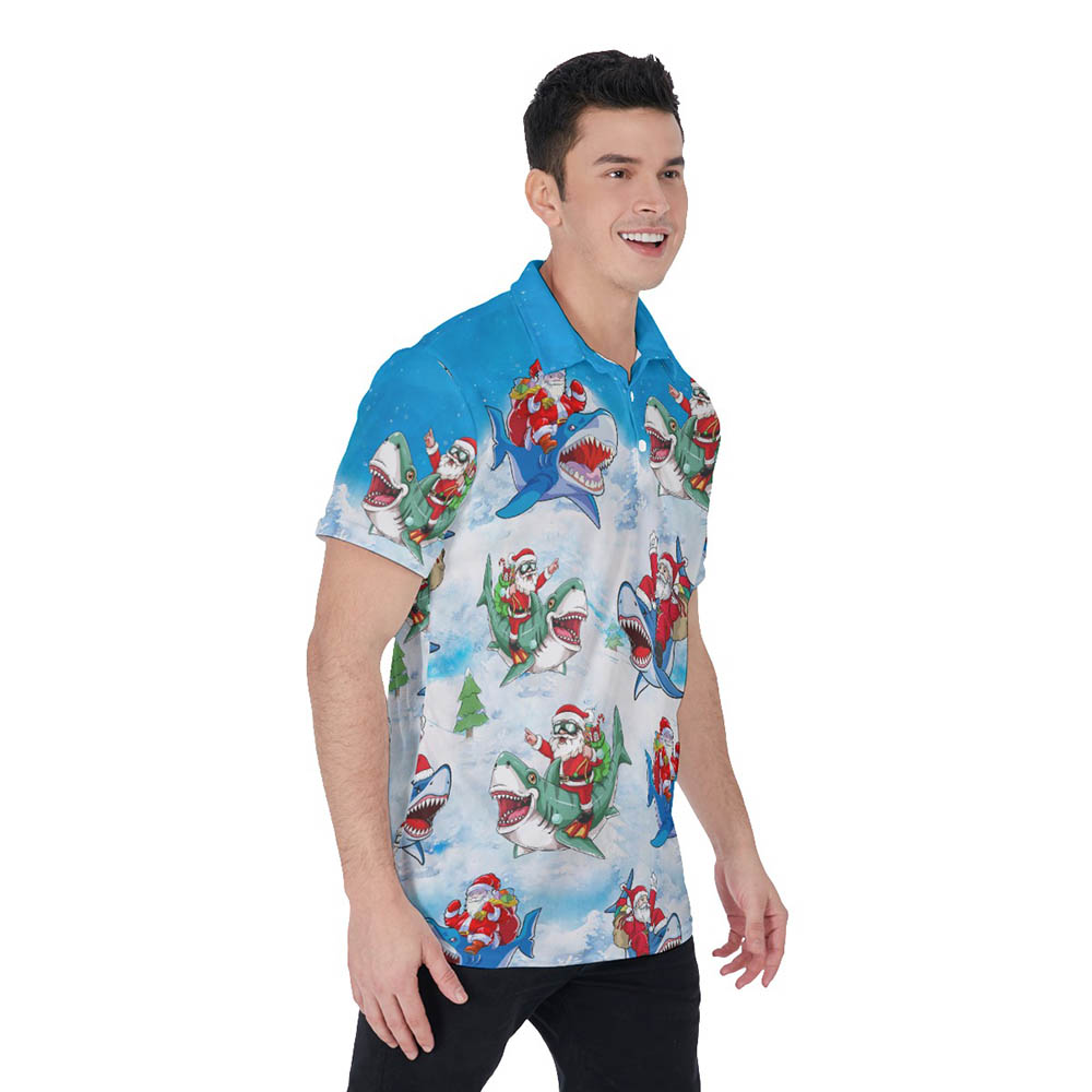 Funny Santa Riding Shark Christmas Hawaiian Polo Shirt