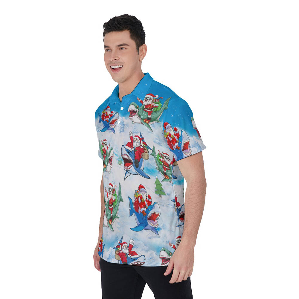 Funny Santa Riding Shark Christmas Hawaiian Polo Shirt