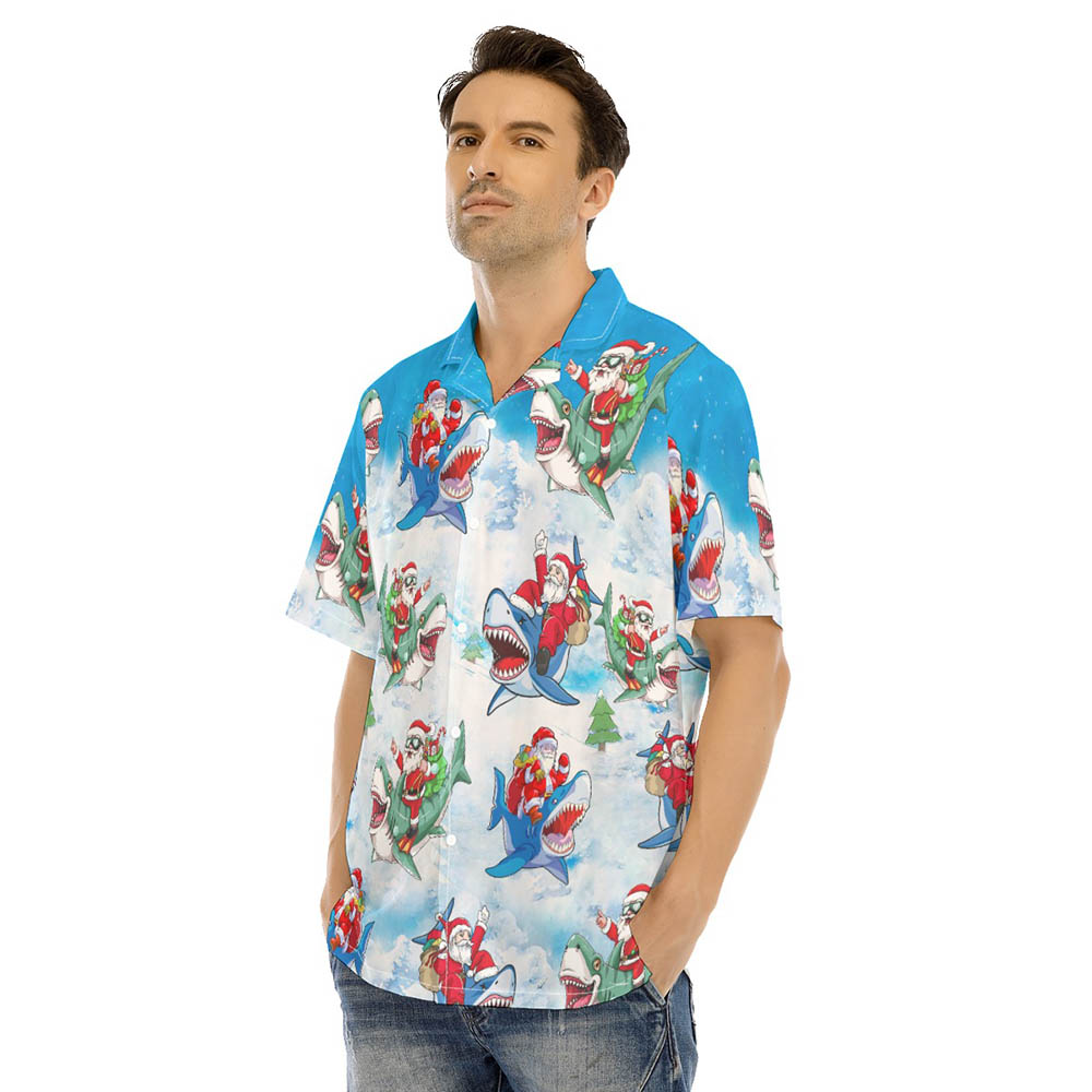 Funny Santa Claus Riding Shark Christmas Hawaiian Shirt