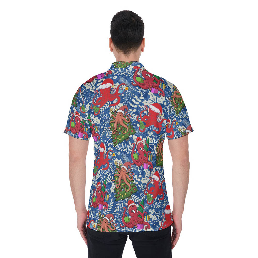 Holly Octopus Christmas Blue Hawaiian Polo Golf Shirt
