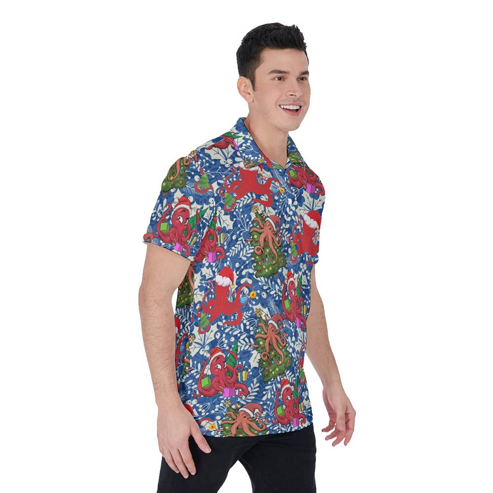 Holly Octopus Christmas Blue Hawaiian Polo Golf Shirt
