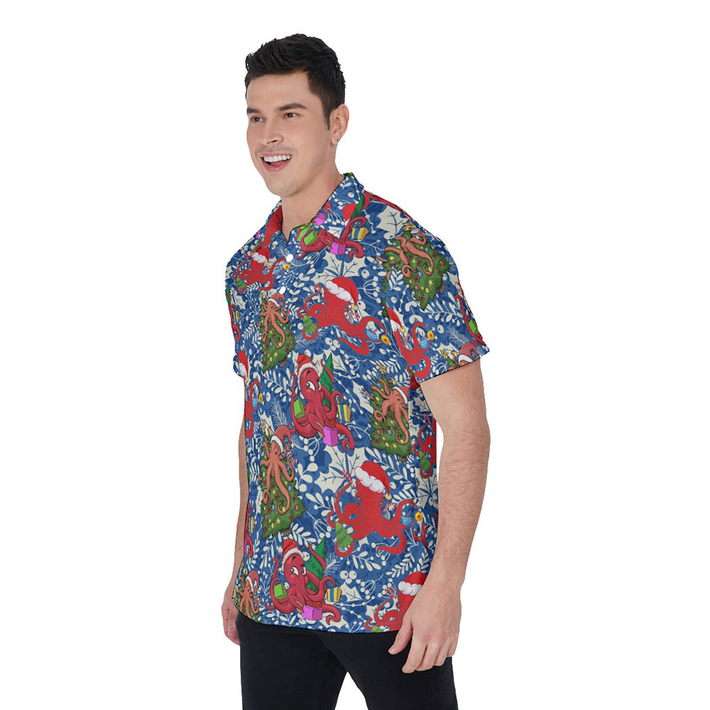 Holly Octopus Christmas Blue Hawaiian Polo Golf Shirt