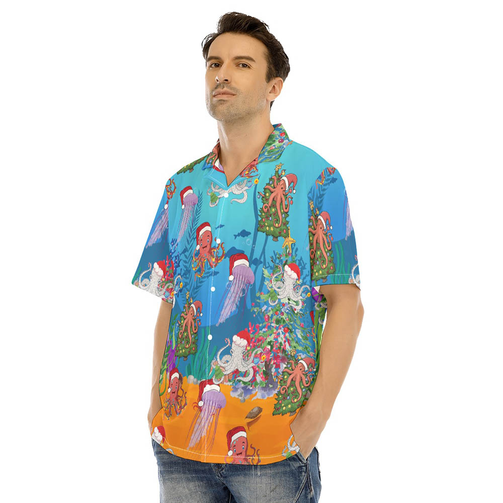 Funny Christmas Octopus Blue Men's Hawaiian Shirt