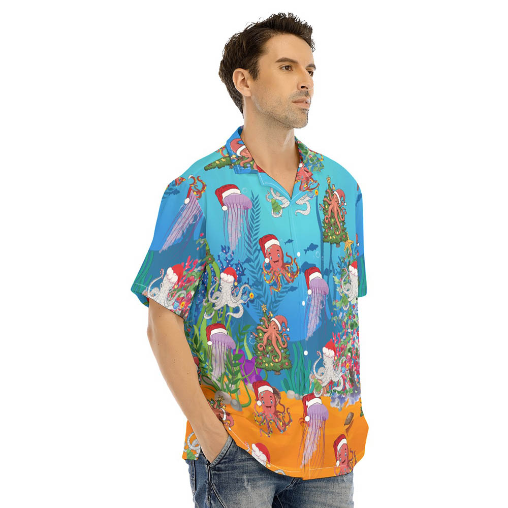 Funny Christmas Octopus Blue Men's Hawaiian Shirt