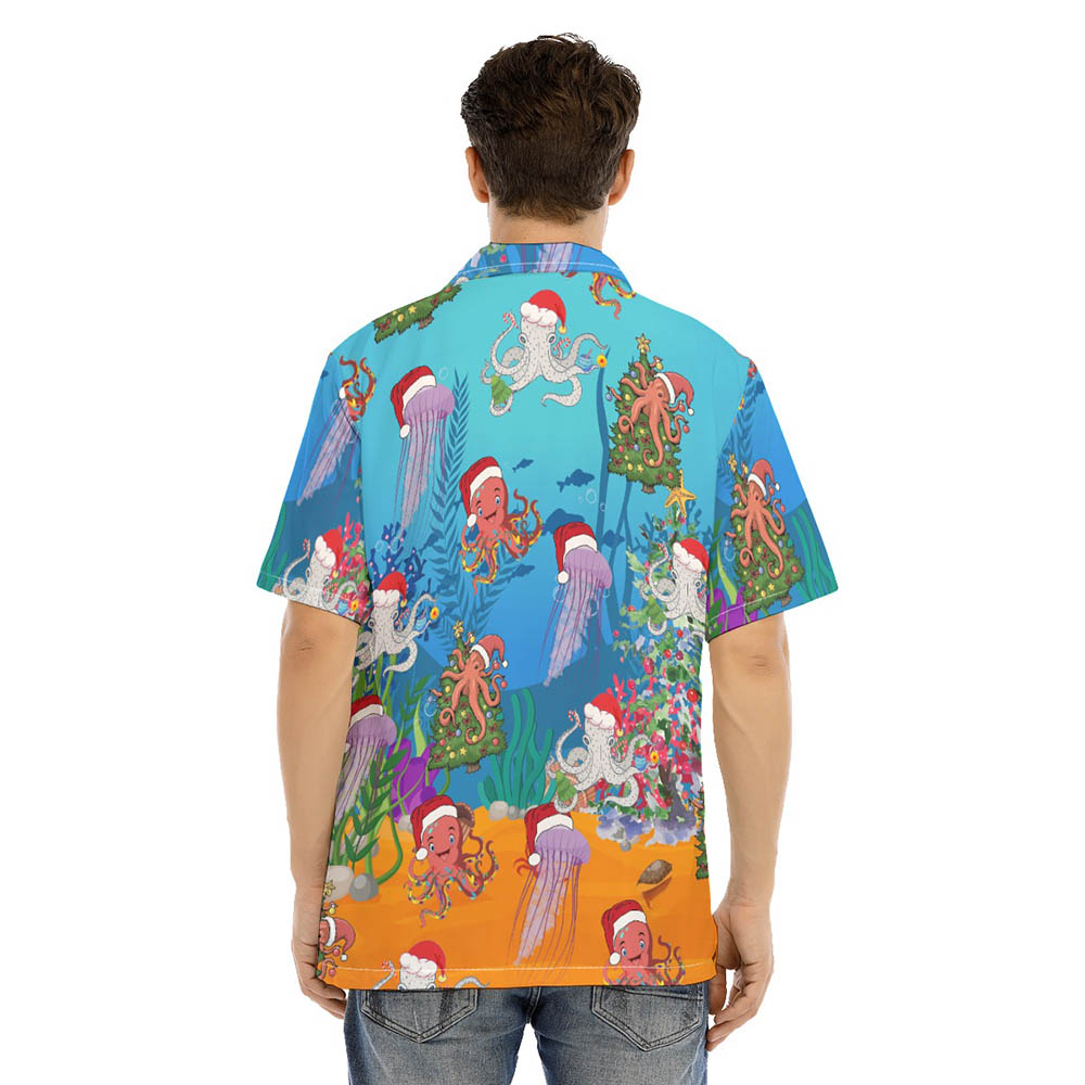 Funny Christmas Octopus Blue Men's Hawaiian Shirt
