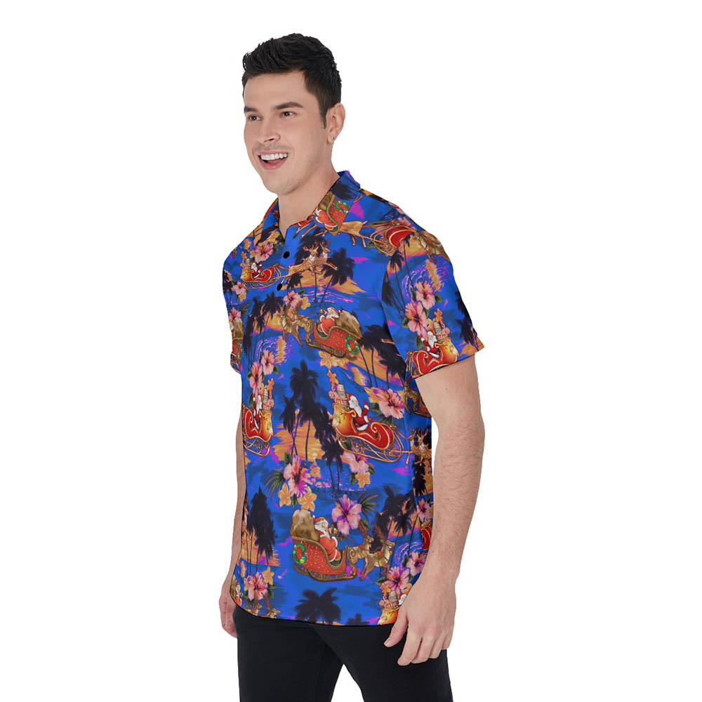 Santa Riding Sleigh Vintage Tropical Hawaiian Polo Shirt For Men