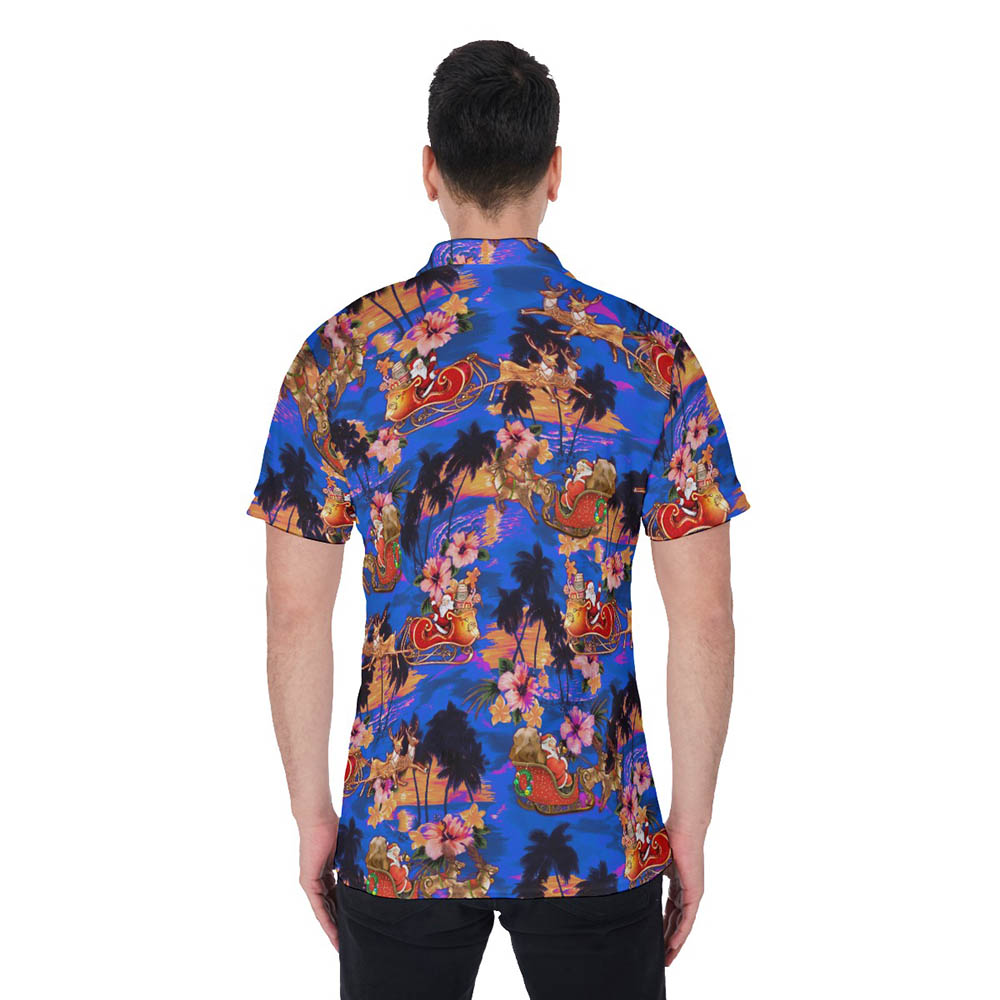 Santa Riding Sleigh Vintage Tropical Hawaiian Polo Shirt For Men