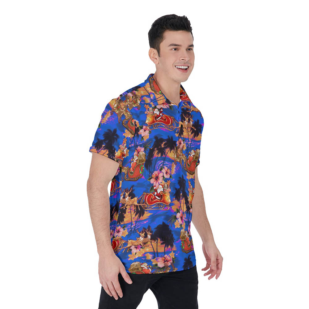 Santa Riding Sleigh Vintage Tropical Hawaiian Polo Shirt For Men