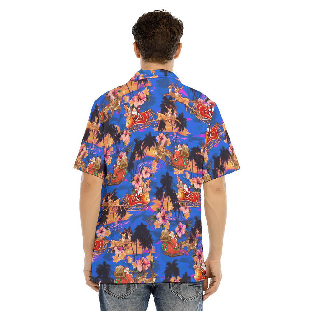 Christmas Santa Riding Sleigh Tropical Sunset Beach Blue Hawaiian Shirt