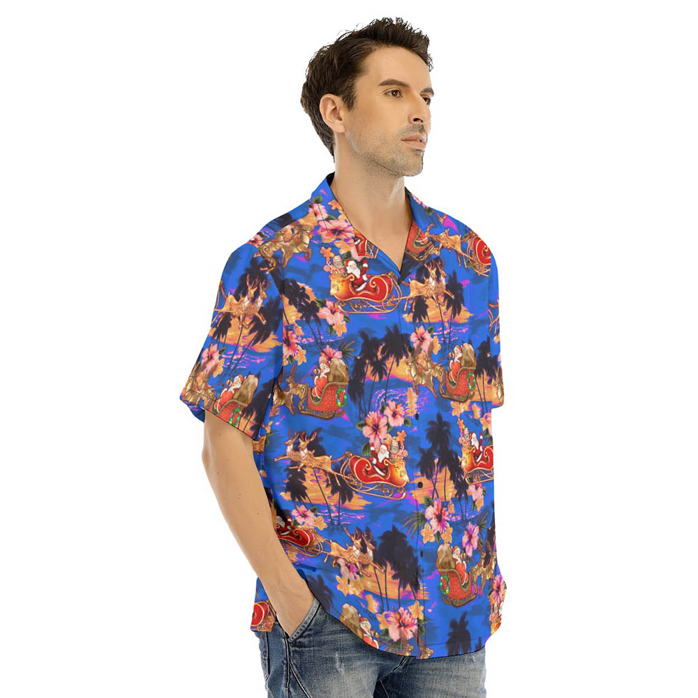 Christmas Santa Riding Sleigh Tropical Sunset Beach Blue Hawaiian Shirt