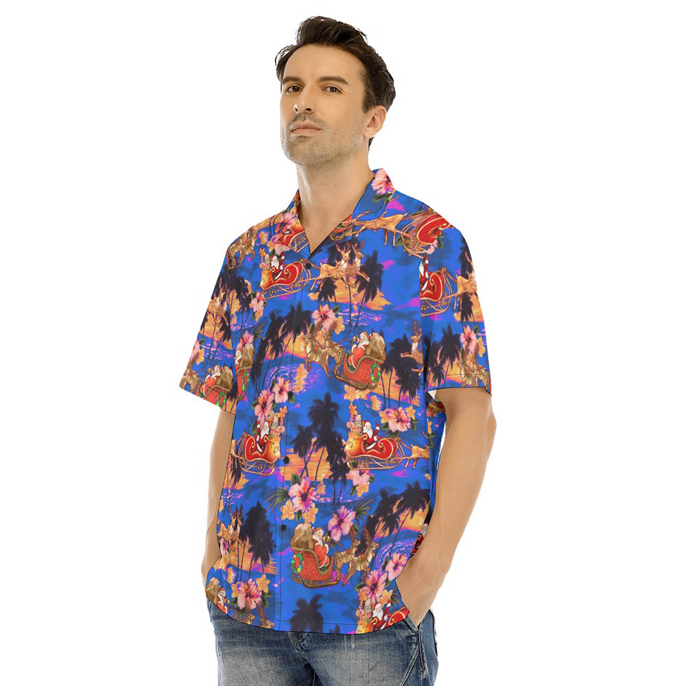 Christmas Santa Riding Sleigh Tropical Sunset Beach Blue Hawaiian Shirt