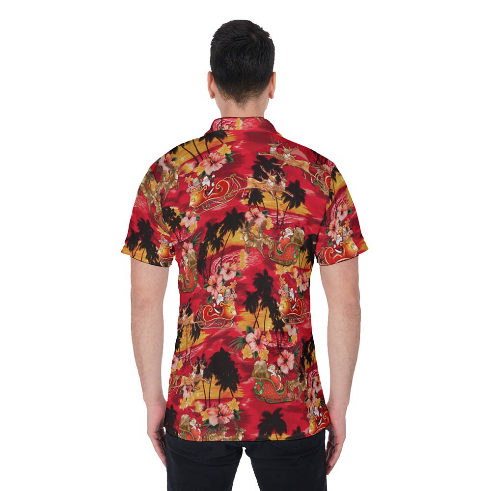 Christmas Santa Riding Sleigh Tropical Classic Hawaiian Polo Shirt For Men