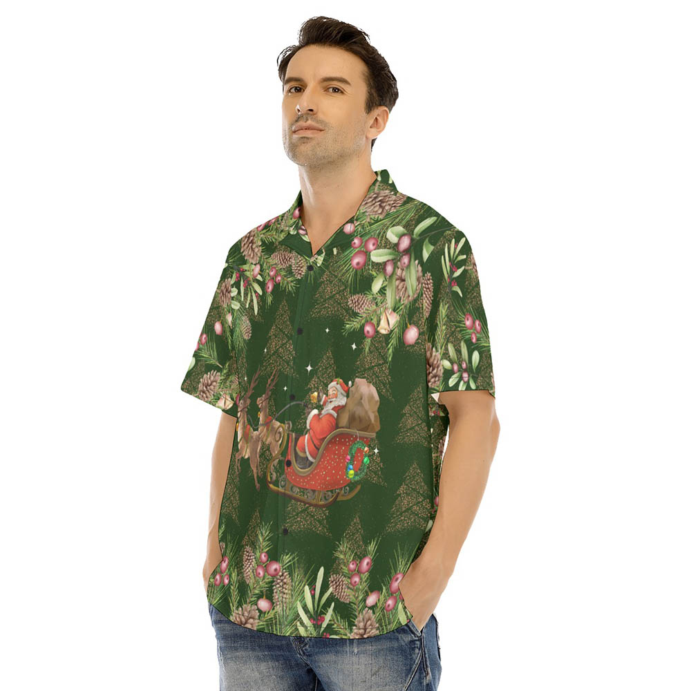Christmas Santa Riding Sleigh Tropical Green Classic Hawaiian Shirt