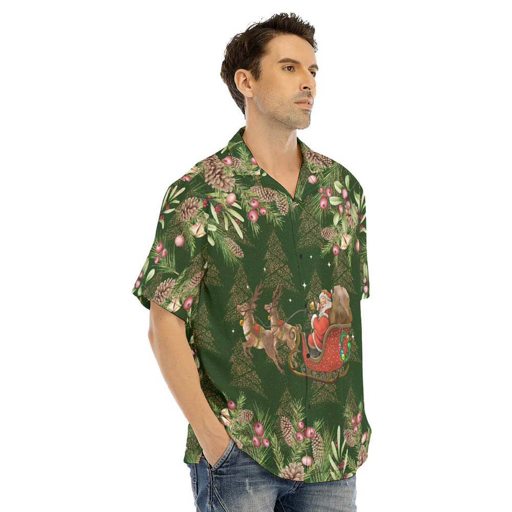Christmas Santa Riding Sleigh Tropical Green Classic Hawaiian Shirt