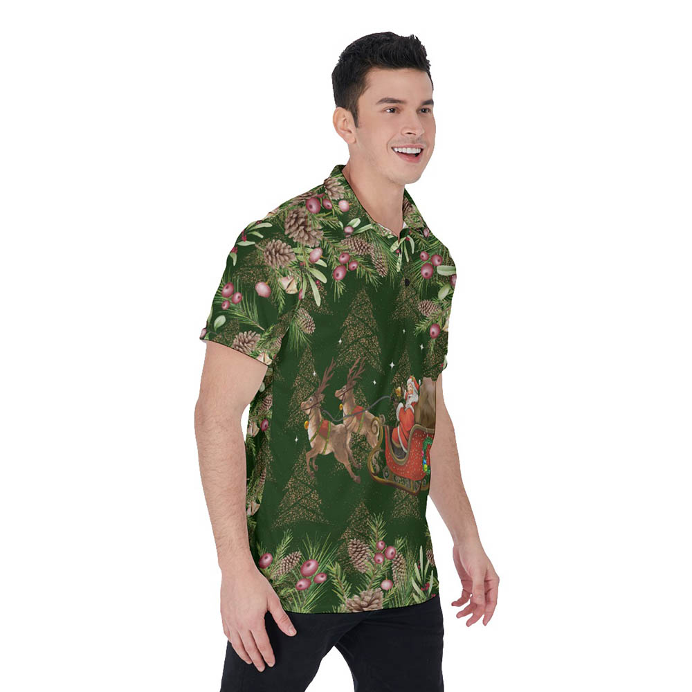 Classic Santa Claus Riding Sleigh Floral Green Hawaiian Polo Shirt