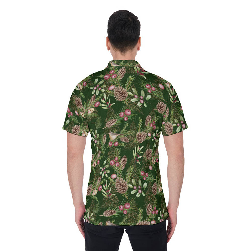 Classic Santa Claus Riding Sleigh Floral Green Hawaiian Polo Shirt