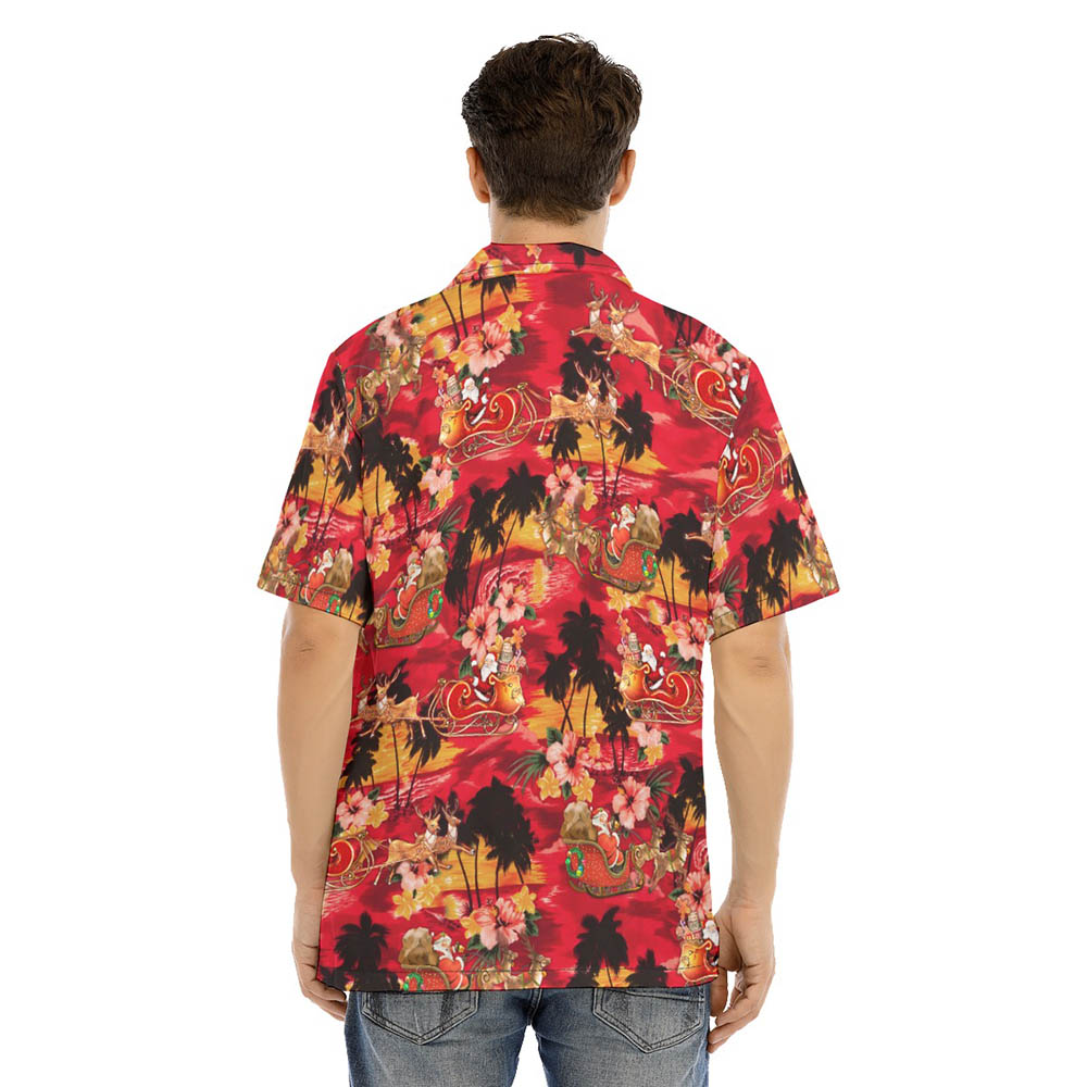 Tropical Sunset Beach Santa Riding Sleigh Red Hawaiian Shirt