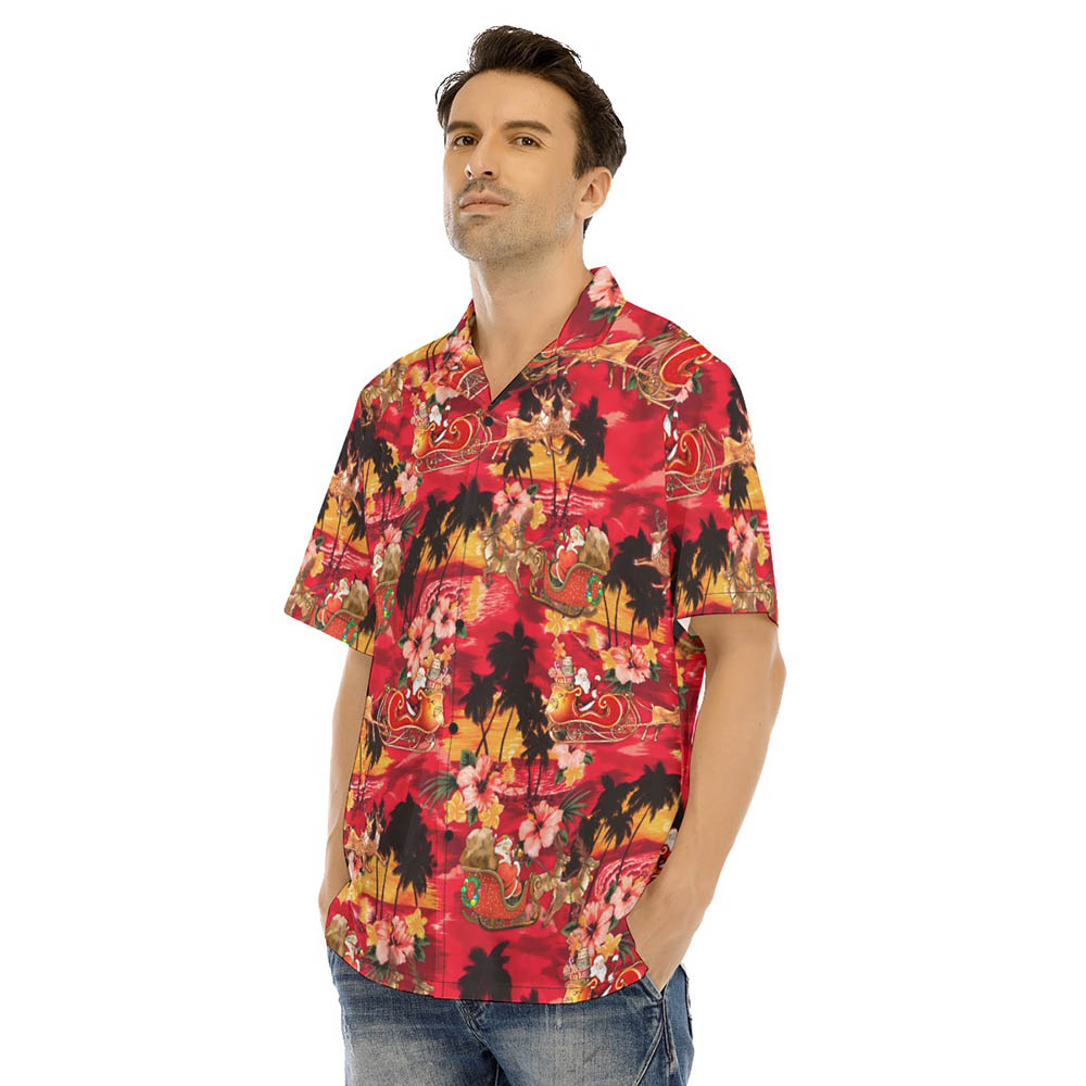 Tropical Sunset Beach Santa Riding Sleigh Red Hawaiian Shirt