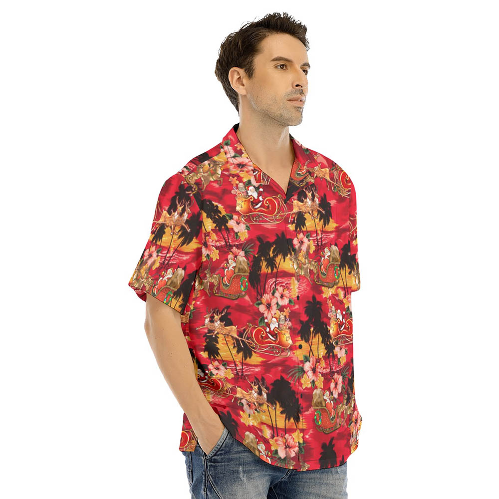 Tropical Sunset Beach Santa Riding Sleigh Red Hawaiian Shirt